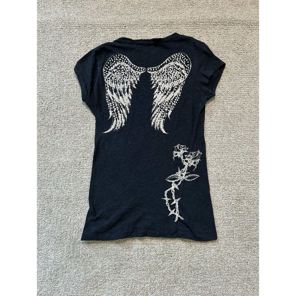 Sinful Black Angel Wings Rhinestone Women's Rose & Thorns Short Sleeve - Size XS